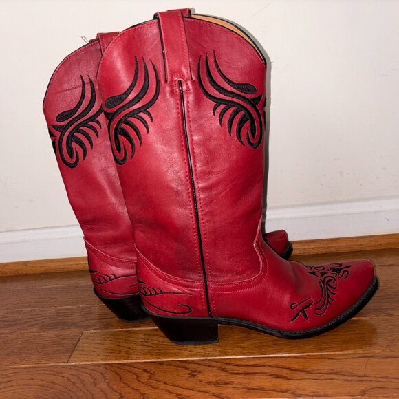 Embroidered Red Leather Western Cowboy Boots Woman Size 8 - Picture 2 of 7